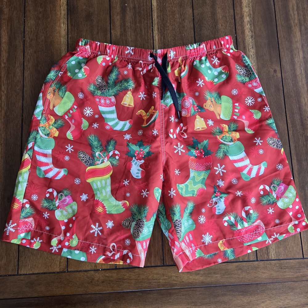 Mens Christmas Themed Swim Trunks, Large, Lined With Pockets